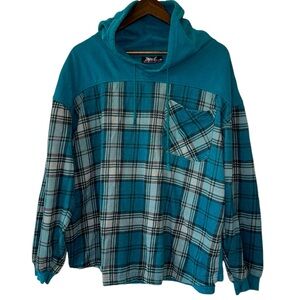 Vintage Impact Mens Plaid Teal Pullover Hoodie 90s Y2K Grunge Streetwear Sz XL